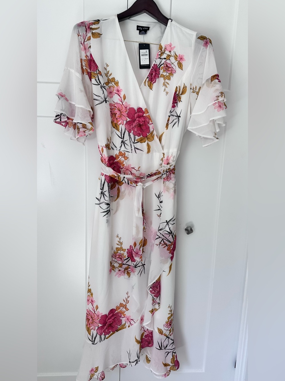 City Chic White Wrap Midi Dress with Pink Floral Print